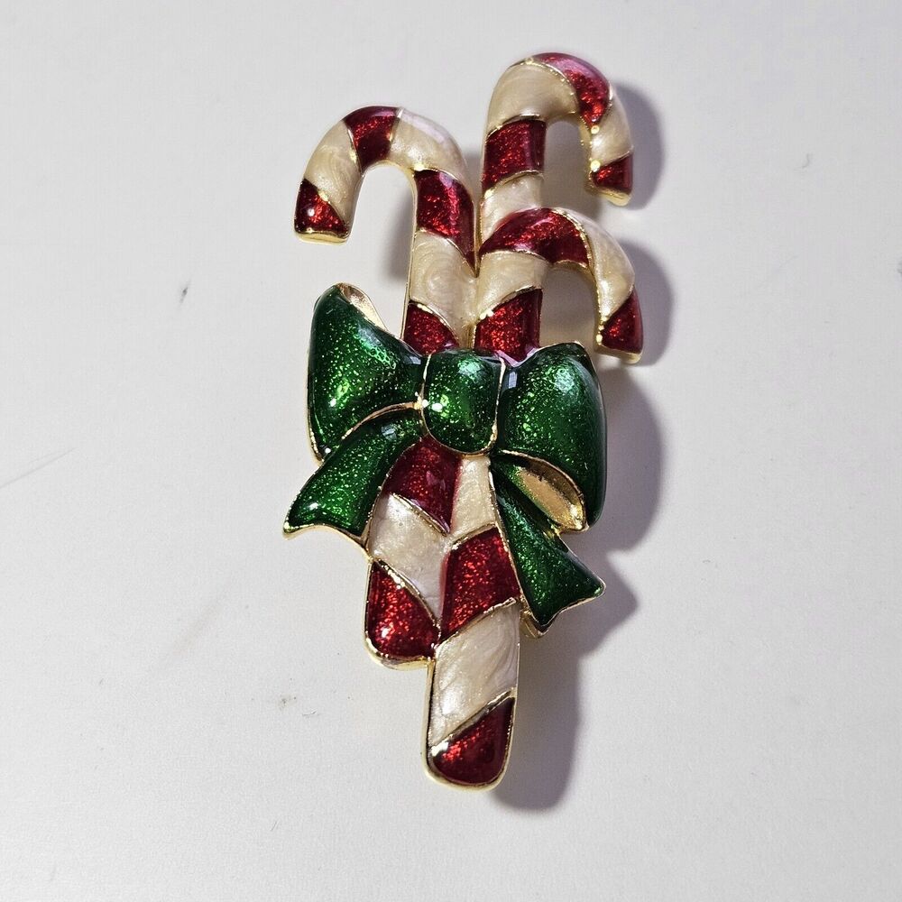 TC Tanya Creations Vintage Red And Cream Enamel Candy Cane Brooch